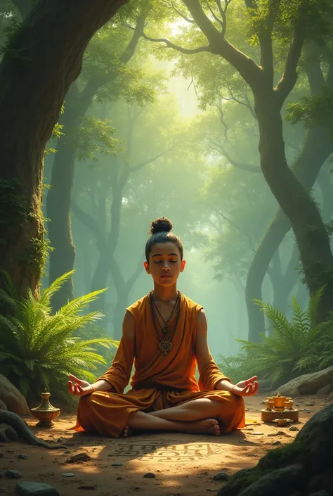  a teenage boy dressed as a rishi meditates in forest in ancient india