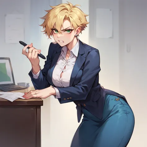 a mature tomboy with blonde hair and green eyes stands in an office. she has on a black blazer with a white undershirt and blue dress pants. she looks angry at you. she has a wedding ring on.