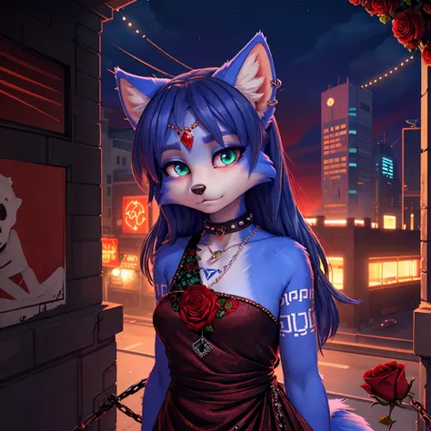 A portrait of  ((krystal)), Star Fox-Krystal, lovable, green eyes, ((( Long blue hair 1 .3))), Decollete, anthro, Fuzzy,  detailed Fluffys fell,  detailed face, (Fluffy),  1 girl, ,woman, Goth, green eyes, undercut, ultra-realistic 8k cg ,  masterpiece, ((...