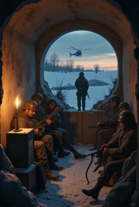 A past evening. An old dirty dugout . The walls are covered with rusted patches and frost .  A trench can candle is smoking on the box .  A group of 8 soldiers in action poses in modern winter combat outfit and modern winter helmets with a bandaged damaged...