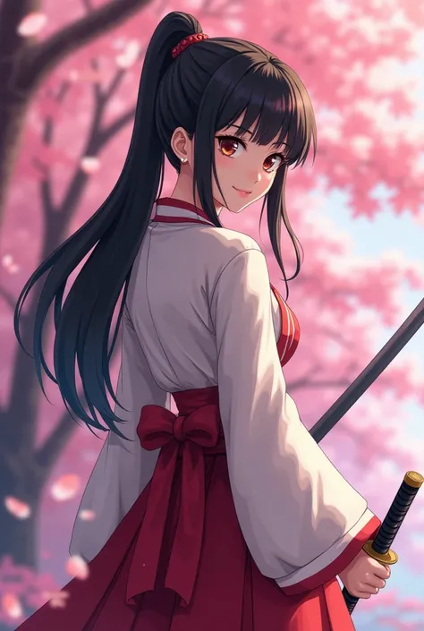 make me a 2 dimensional animated picture as follows :  of a young woman dressed in typical swordsman clothes with long dark hair pivoted backwards and bangs in a pose with her back to the camera against a beautiful cherry tree background