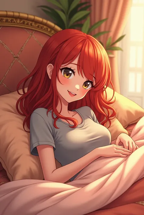 An anime-style illustration of a happy young woman with vibrant red hair and a gray top, lying comfortably on a luxurious Moroccan-style bed adorned with intricate patterns and plush pillows. The room features warm, earthy tones with peach, beige, and ligh...