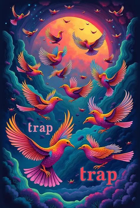  Create an illustration with vibrant colors and some birds with psychedelic colors and a writing on the top written TRAP, And somewhere else written 100 % natural 