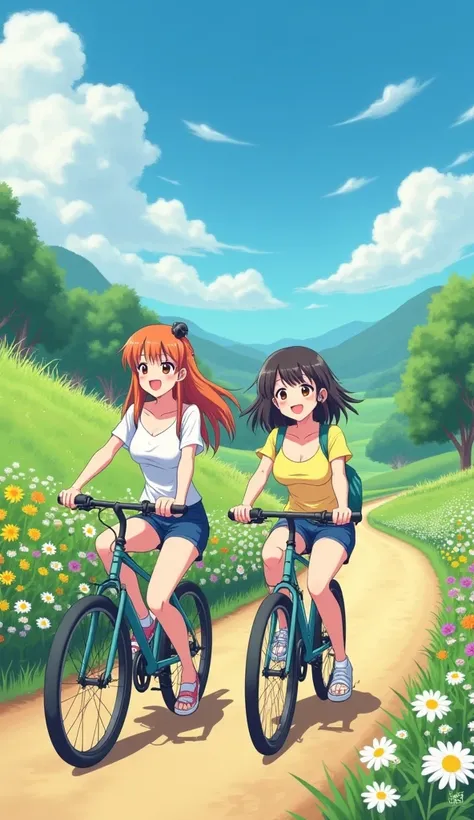 Anime friends riding bicycles through a countryside road, surrounded by wildflowers and fresh air, squeezing massive cleavage