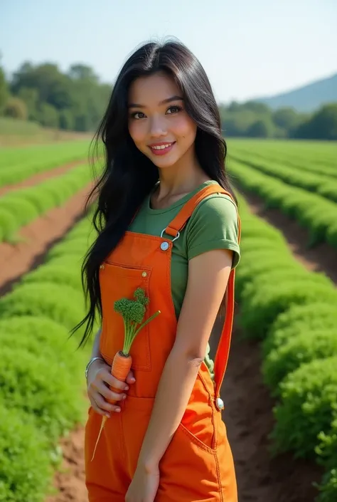 A stunning woman with a fair complexion and smooth, jet-black hair stands in the midst of a vibrant carrot plantation. Her youthful face, glowing with natural radiance, is adorned with a bright smile that adds to the warmth of the scene. Her large, express...