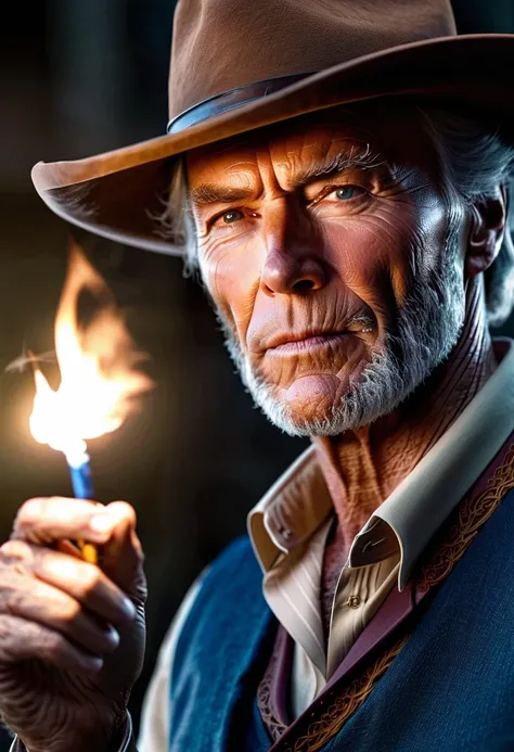 (extremely detailed CG unity 8k wallpaper), portrait of (clint eastwood young:1.0), cowboy shot, staring at us with a mysterious gaze, realistic, masterpiece, highest quality, ((cowboy, western, spaghetti western, for a few dollars more)), wearing blue but...