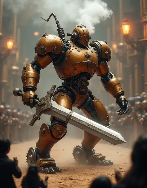 A Robot Gladiator features a bronze and copper body adorned with exposed gears, pipes, and rivets, with puffs of steam escaping from its joints. It wields a massive steam-powered greatsword, with intricate engravings and a chain-driven mechanism, standing ...