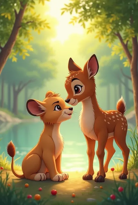 The lion cub told his story. The deer cub said sympathetically,  "Dont worry, I will help you. " He took him near the lake and gave him some sweet fruits to eat, plucking them from the trees.