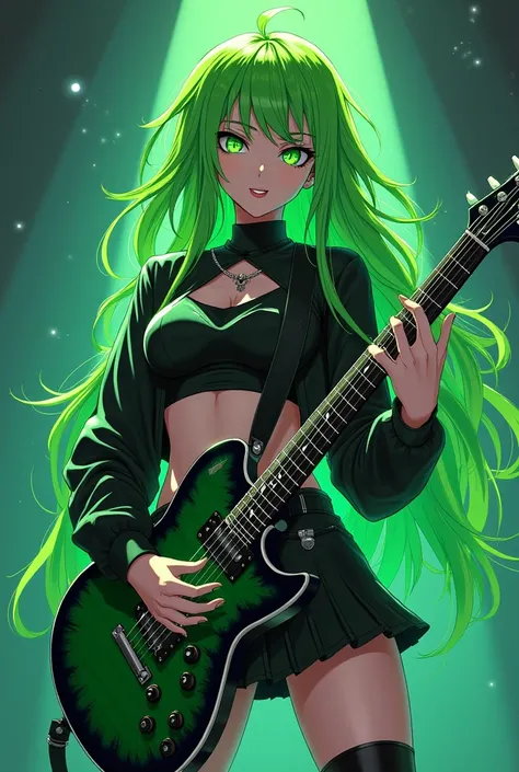 A female rock star woman with poisonous green hasr , black/ poisonous green clothes The clothes are a cropped top, A short skirt and she plays electric guitar. Anime Style!