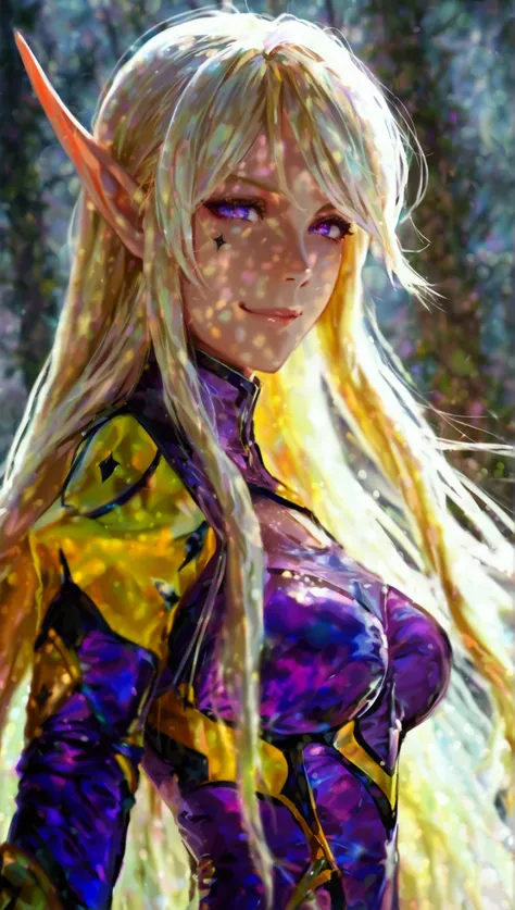 Elf woman with long, free flowing blonde hair, violet eyes, and a confident smirk. She is wearing tight fitting clothing, with high heels, the outfit color scheme is mainly purple with black and yellow being supporting colors. The outfit is slightly armore...