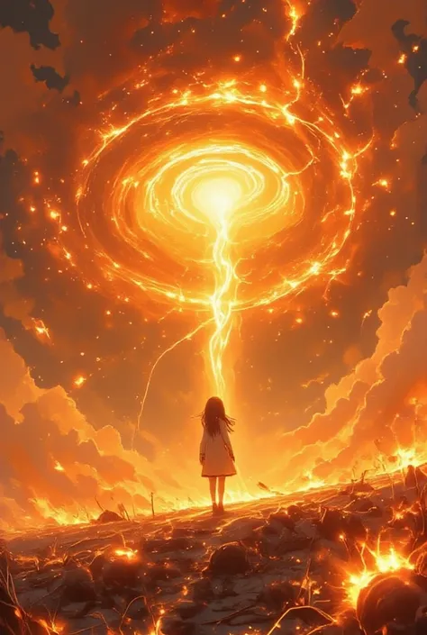  a girl standing on the surface of the Sun.  looking for huge solar tornado .focus on solar tornado. close-up of solar tornado. polar vortex .on the floor,  there is a solar eruption ,  solar specicle , solar prominence , Sunspot  , solar corona , coronal ...