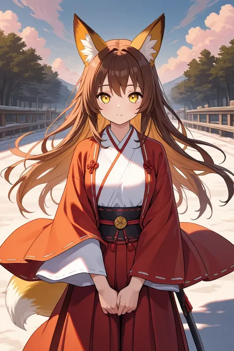 greate quality,high quality,masterpiece,1 girl,BRIGHT BROWN hair,yellow eye,facing front,standing,FOX EARS,FOX TALE