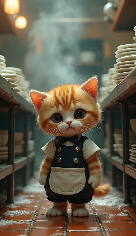 The kitten has a sad face，Hes a waiter，In the dishwashing