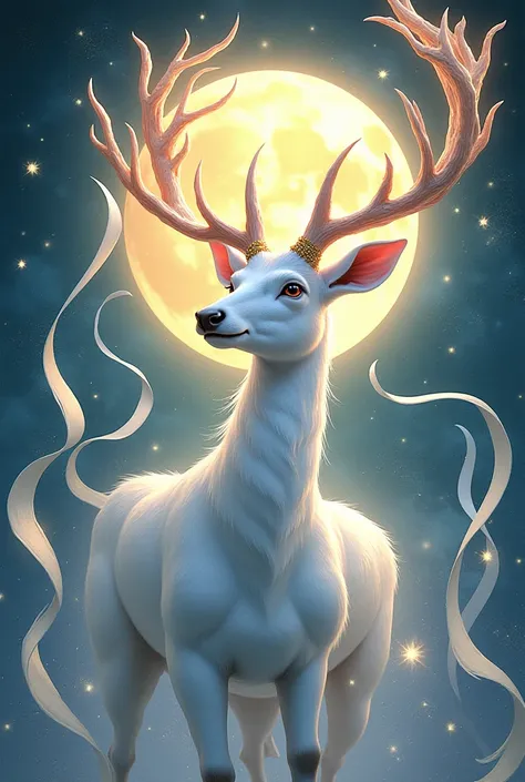 /imagine prompt: A majestic white deer with flowing antlers, ethereal ribbons floating around, glowing moonlight in the background, vibrant and intricate composition, fantasy art style, soft gradients, detailed ornaments, inspired by traditional Asian art,...