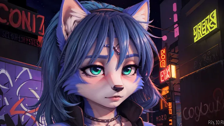 A portrait of  ((krystal)), Star Fox-Krystal, lovable, green eyes, ((( Long blue hair 1 .3))), Decollete, anthro, Fuzzy,  detailed Fluffys fell,  detailed face, (Fluffy),  1 girl, ,woman, Goth, green eyes, undercut, ultra-realistic 8k cg ,  masterpiece, ((...