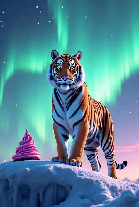 Tiger with aurora in sky and ice cream