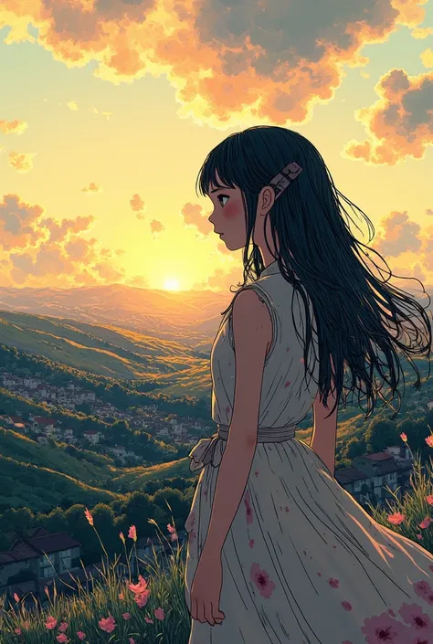 Beautiful girl from the future crying　whole body　 over the hill at sunset