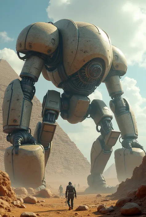 Create an ultra realistic image of gigantic alien robots placing huge rocks on pyramids to build 