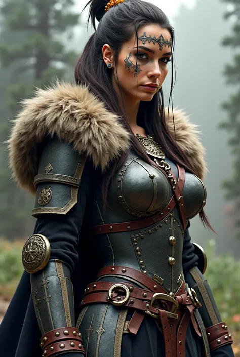 I want a tattoo design Depict a warrior woman with Nordic features.
Wear Viking-inspired armor, that includes metal and fur details. You could add a fur coat to give it a more authentic feel.Add a background of Celtic or Nordic elements, like runes , Trees...