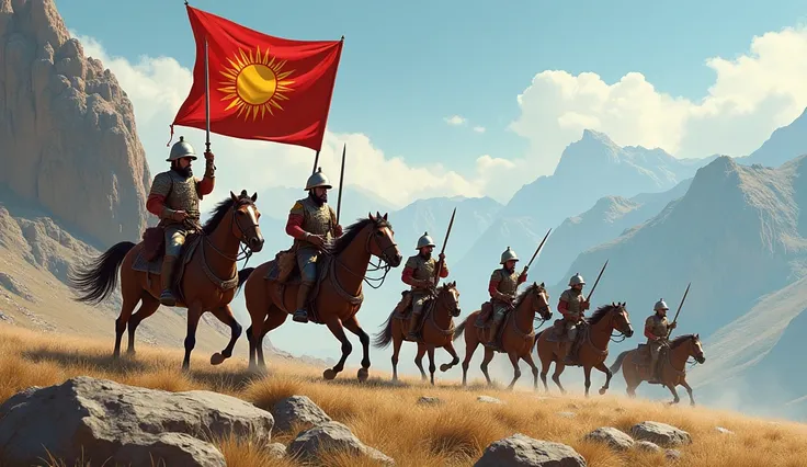 Illustrate Kurdish warriors training with swords and horses in a rugged mountain setting. The scene highlights their bravery and discipline, with synchronized movements and sharp armor designs. A Kurdish flag waves in the background, symbolizing unity and ...