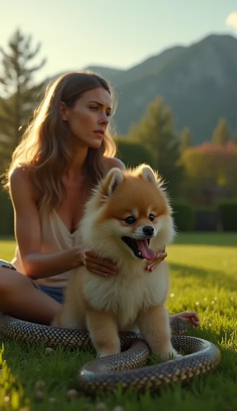  A hyper-realistic scene in a tranquil country backyard with a lush green lawn and a majestic mountain in the background under a soft golden light of the sun. Lens In the foreground,  watching with a look of despair and her open ball expressing screams whi...