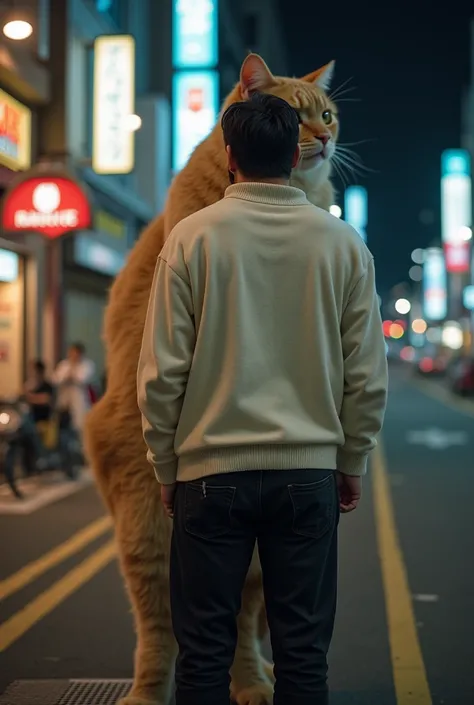 A man,  behind him was a huge tall giant cat sitting on the street exceeding the man in front of him, A man memakai sweater cream,  black jeans , while in tokyo ,  night atmosphere,  more detailed and real photos ,  super realistic quality , photographers,...