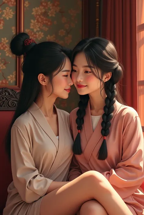   Black-haired woman with hair tied in Korean braids and 21 year old daughter with straight black hair and a brunette with expert sausage on her legs,   in the background a beautiful room decorated in oriental Asian culture  , all happy as a family   