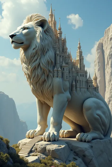 You are a fantasy painter but very realistic, generate for me an image of a fantasy city on the backs and sides of a lion. The sculpture is all the mountain you can see, the rough part of the sculpture has no smooth surface except for the city, which if it...