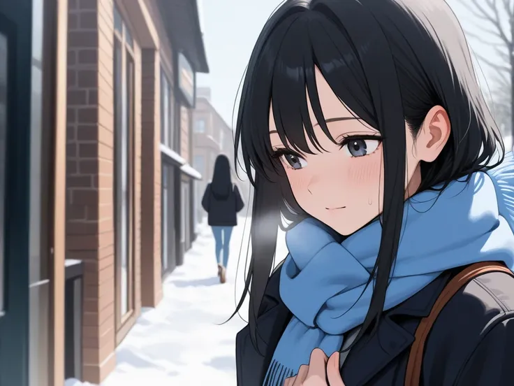 Long-haired woman with long black hair walking in a winter park