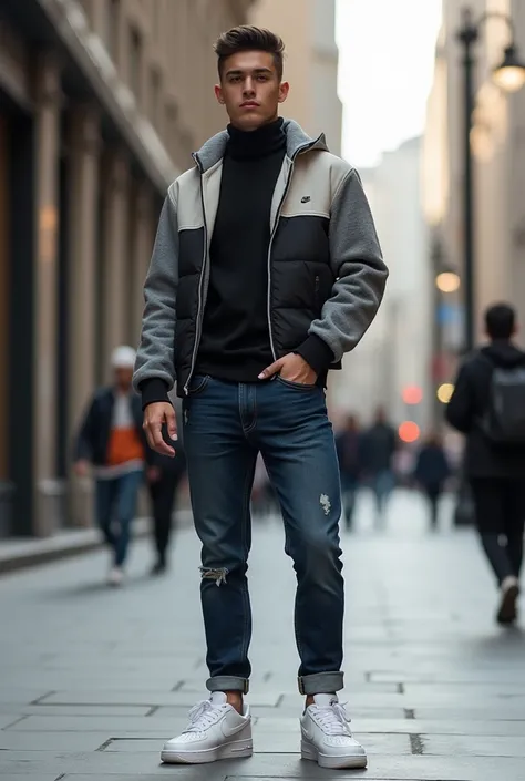 Jeune homme 23 ans, brun cheveux courts légèrement brossés vers larrière,  duvet, 
Avec Colle roulé noir sérré, pull gris et blanc court, jean bleu marine slim, chaussures nike air force blanche