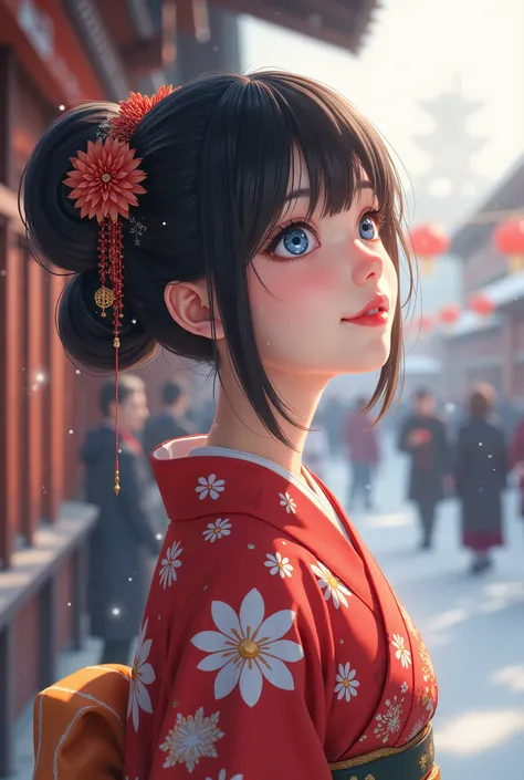 It depicts a beautiful Japanese woman in a kimono、shiny skin, large breasts:0.5, looking up, watching the view, beautiful hair, beautiful face, beautiful detailed eyes, (middle hair:1.5, japanese hair:1.5), black hair, blue eyes, (((red floral kimono), hai...