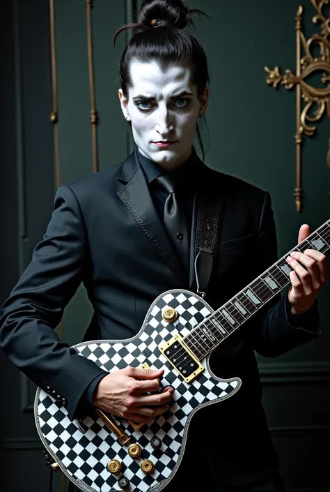 rocker man the face is painted white,hair tied up,  hold which is patterned like a black and white chess board  electric guitar, against dark palace background    