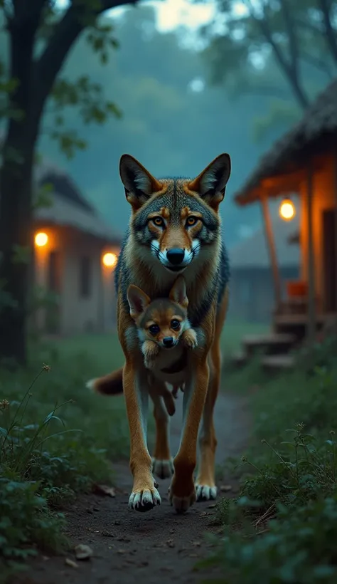 "A dramatic scene of a jackal carrying a small puppy by the scruff of its neck as it moves stealthily through a transitional landscape between a rural village and a dense forest. The jackals sharp eyes glint with determination, and the puppy appears fright...