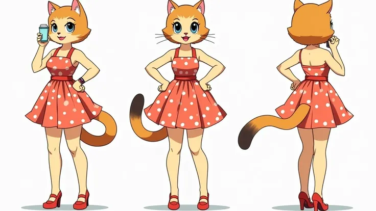 A character sheet,turnaround,multiple pose, Contains individual head angles，cartoon of a woman in a polka dot dress, soda themed girl, attractive cat girl, cat girl, anthropomorphic female cat, catgirl, mysterious coffee shop girl, an anthro cat, anthro ca...