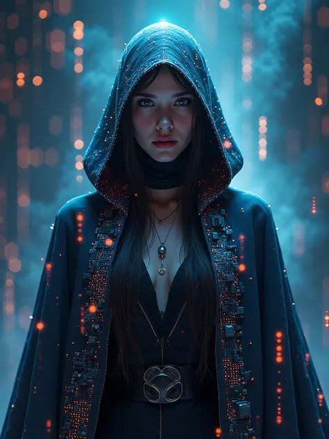 A dazzling, sophisticated satellite hacker, exuding an aura of regality and intellect: wearing a cape adorned with glowing circuits, surrounded by a halo of digital data streams. This image is a stunning digital illustration, showcasing intricate details a...