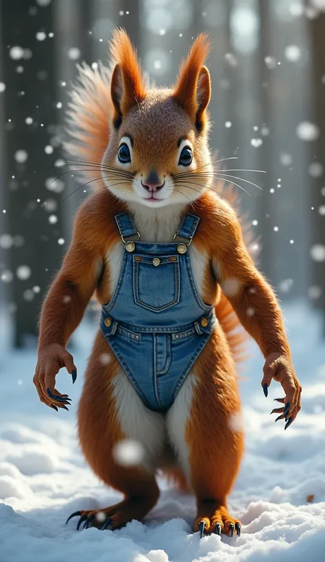 "Create an image capturing the magical transformation of a young woman into a muscular, anthropomorphic squirrel. The scene is set in a snowy forest with snowflakes gently falling. The young woman, dressed in an elegant winter-themed outfit, begins to tran...