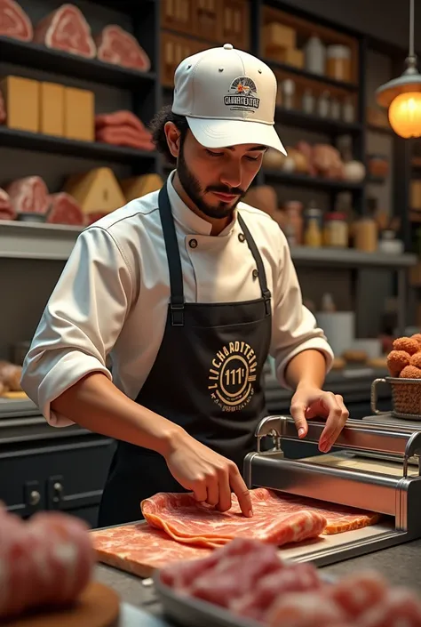  create a charcutero in a slicing machine, with their respective uniform ,  apron and cap and the writing of : LA CHARCUTERIE 11 :11, Handling ham and cheese