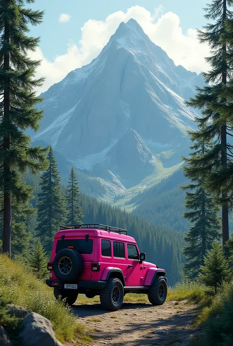 A pink jeep campervan with a background of natural scenery under the foot of a mountain which is cool and shady with trees