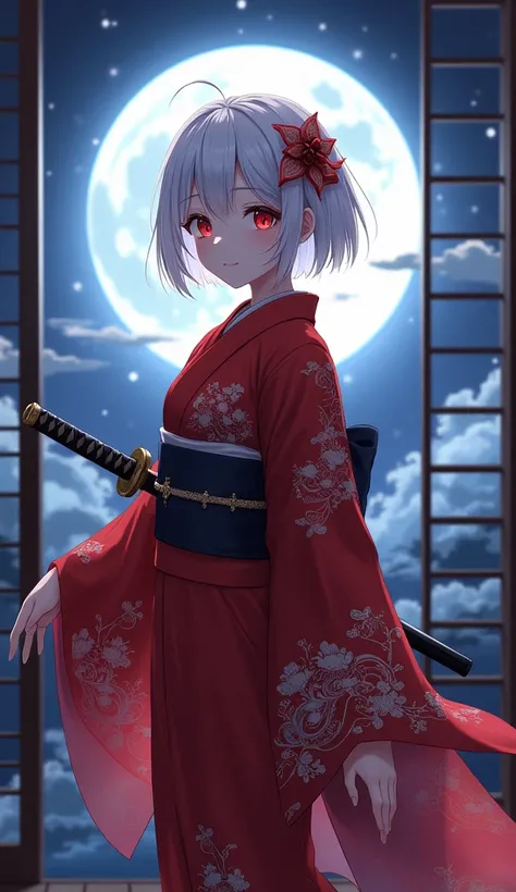 masterpiece,  top quality ,  high res,  very detailed,(((pretty girl with albino))), ((( Japanese Anime))), ((( short hair))), (((Red Yukata))), ((( has a Japanese sword))), ((( hair ornament))), (((indoor))), ((( is standing))), (((With a window in the ba...