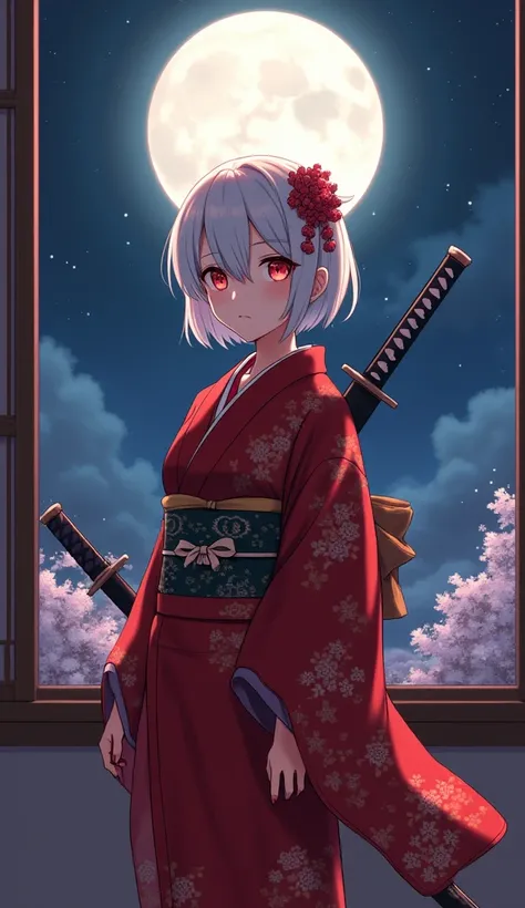 masterpiece,  top quality ,  high res,  very detailed,(((pretty girl with albino))), ((( Japanese Anime))), ((( short hair))), (((Red Yukata))), ((( has a Japanese sword))), ((( hair ornament))), (((indoor))), ((( is standing))), (((With a window in the ba...