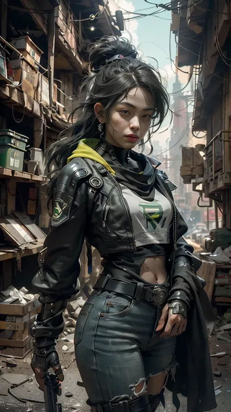 (( top quality)), ((masterpiece)), ((photorealistic )), ( Detailed ), (photorealistic: 1.5),  college girl, black hair with a circle , (), (Green body ),  green t-shirt that says Yenifer in capital letters, Observe your audience,  dynamic poses , post-apoc...