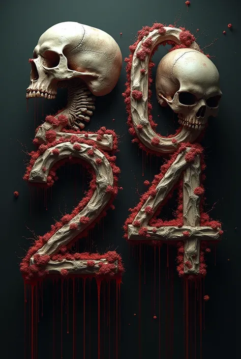 Write 2024 with human skulls and bones and blood flowing from them