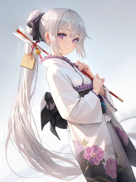 1girl, (silver hair, very long hair, ponytail, purple eyes), looking at viewer, calm, smile, (kimono, frills), hair ribbon, hamaya, cinematic angle,, (masterpiece), (best quality), perfect composition, simple background