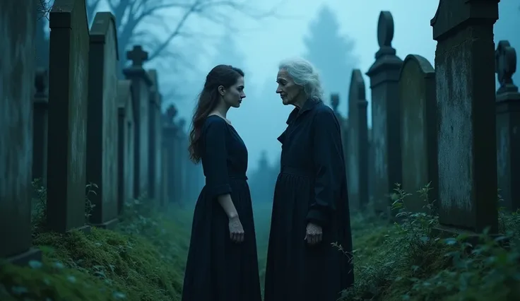 Create an image of a medium shot of Carolina and the old woman standing in the cemetery, surrounded by overgrown tombstones, under a pale blue moonlight, Sony A7S III, 35mm lens, mystical and reflective mood, aspect ratio 16:9