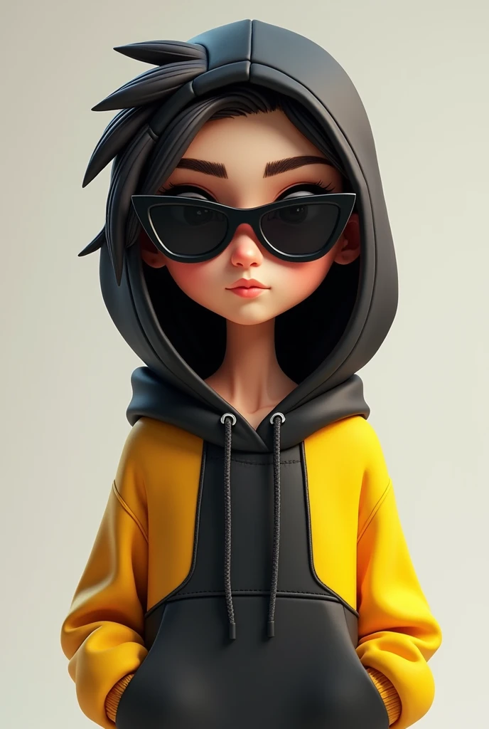 Create a realistic cartoon avatar wearing Hoodie black and yellow colour wear sunglass 