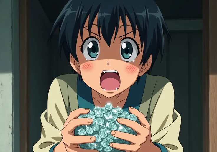 A poor servant has a bag full of diamonds in his hand. Her reaction are normally Anime image 