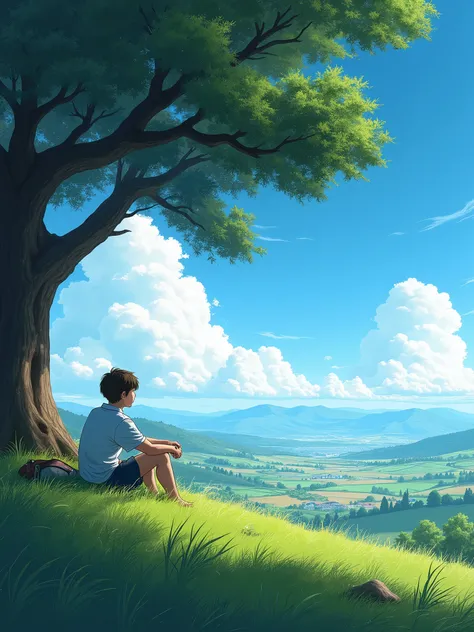 "Create a serene, picturesque scene of a person sitting on a grassy hill under a large tree, overlooking a vast landscape. The sky is a vibrant blue with large, fluffy white clouds that dominate the upper part of the image. The landscape below should inclu...