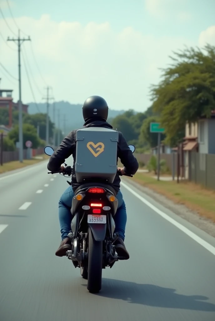  A scene of a young man driving a modern motorcycle on a highway towards a house to deliver an order . He wears a helmet and a delivery backpack with the service logo .  The road is clean and open, with a background showing residential buildings and trees,...