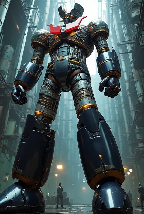  a very realistic version of the modified Mazinger Z,  stands 100 meters high ahead .   constructed with modern materials such as steel  ,   Carbon Fiber  ,   Other industrial elements are also visible  ,   just like the real thing  ,   has been carefully ...