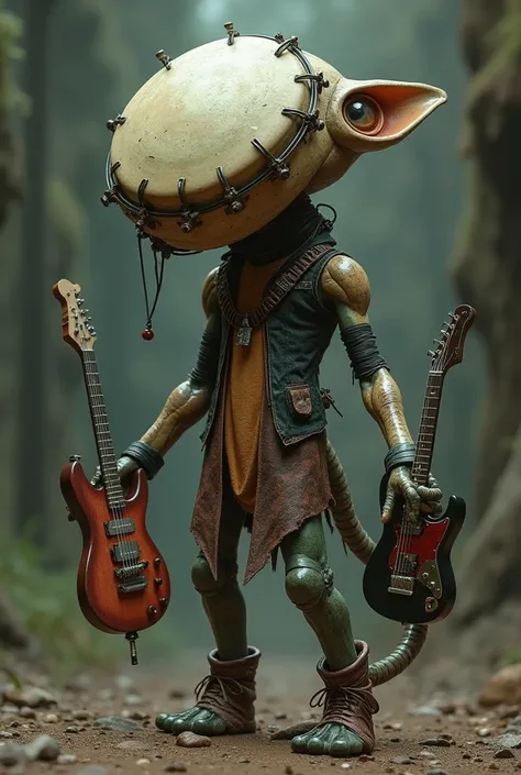 Alien with his head like drum, his hand like bass and guitar, his leg like piano